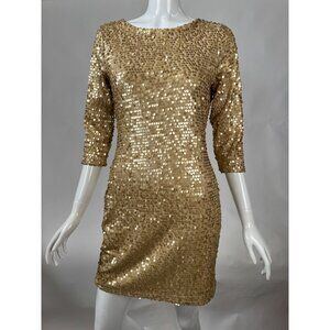 Fredericks Of Hollywood Gold Sequin Dress With 3/4 Sleeves & Low Back Design Siz